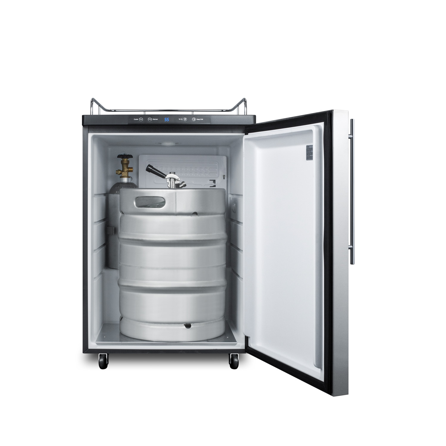 Freestanding residential beer dispenser, auto defrost w/digital thermostat, SS door, thin handle, and black cabinet; no tapping equipment included